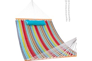 Lazy Daze Hammocks 12 FT Quilted Fabric Double Hammock with Spreader Bars and Detachable Pillow, 2 Person Hammock for Outdoor Patio Backyard Poolside, 450lbs Weight Capacity, Blue&Red Stripes