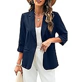 ELLEVEN Women's Linen Blazer 3/4 Ruched Sleeves, Lightweight Slim Fit Jackets with Pockets Half Lining