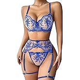 Lilosy Sexy Floral Embroidery Mesh Sheer Underwire Push Up Garter Belt Lingerie Set 3 Piece