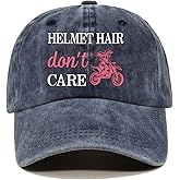 Pishovi Helmet Hair Don't Care Distressed Washed Blue Baseball Cap, Vintage Adjustable Cotton Cap, Retirement Gifts for Women, Hat for Mom BFF, Birthday for Motorcycle Enthusiast Motorcycle Women