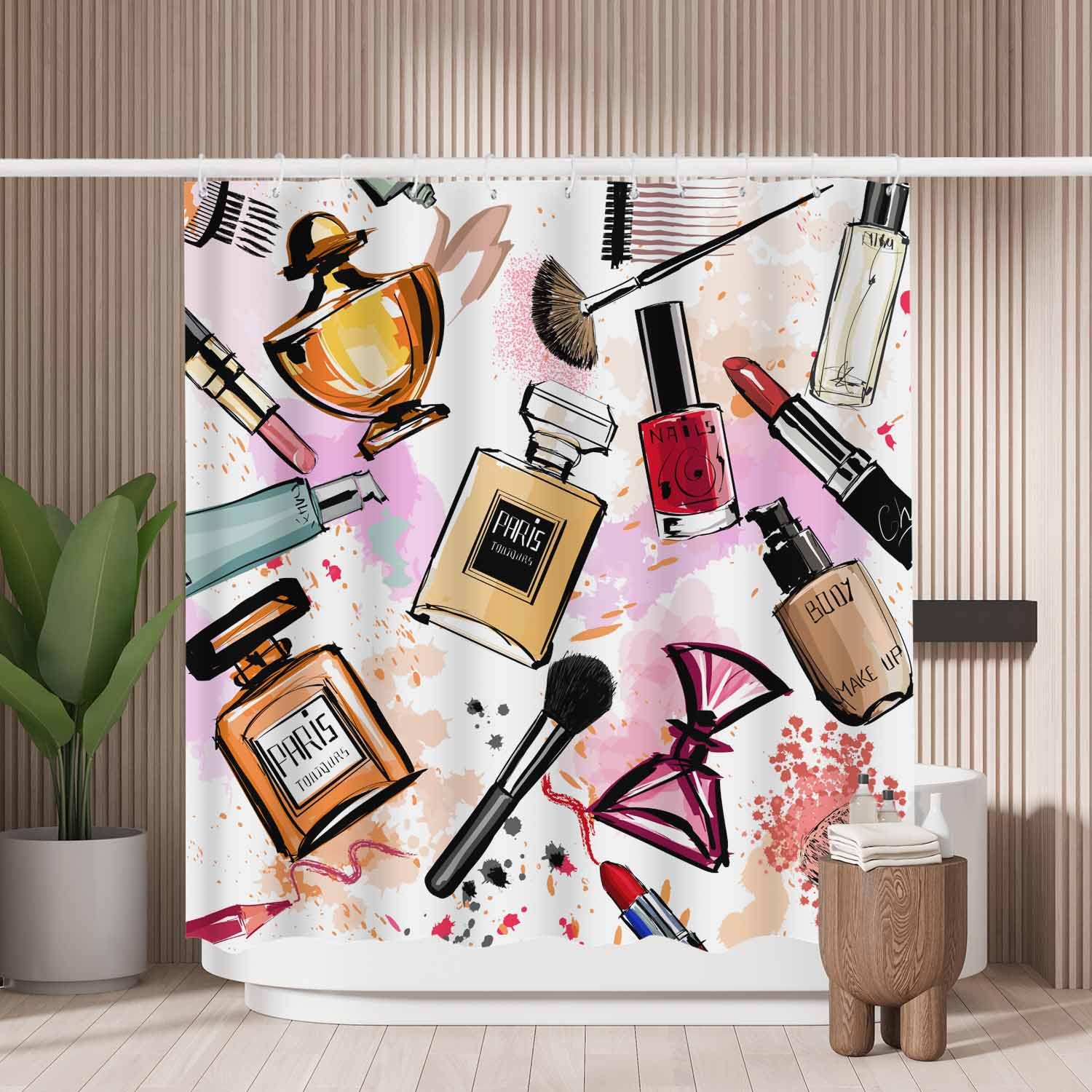 Woutay Shower Curtain Mould Proof Resistant Watercolor Cosmetics and Perfumes Collection,Water Repellant Fabric,Polyester,with 12 Plastic Hooks,Size 180x180CM