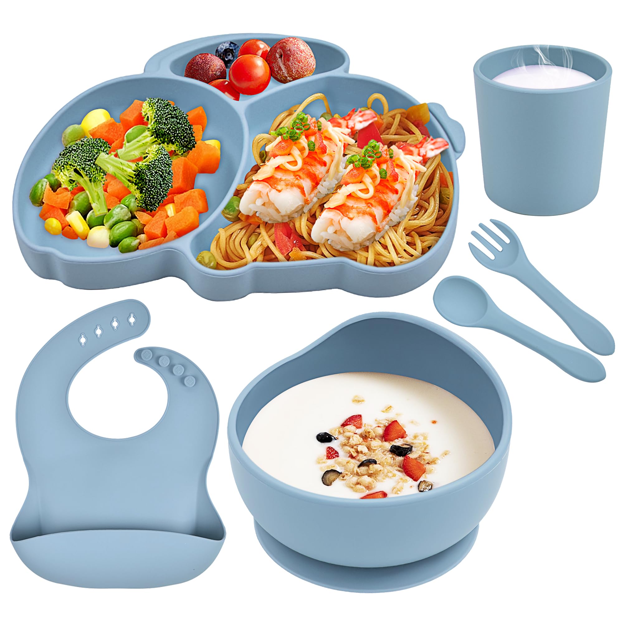 Hoseay Baby Led Weaning Set Silicone Baby Feeding Set 6 Pcs with Suction Plate Bowl Cup Bib Fork Spoon Baby Plate Set First Meal Cutlery for Toddlers Babies Kids, Blue Rabbit