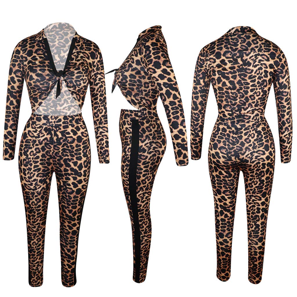 Two Piece Outfits for Women Clubwear - Sexy Leopard Print Long Sleeve Crop Top and Bodycon Pants Set Jumpsuit