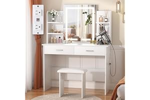 SMOOL Vanity with Lighted Mirror, Makeup Desk with Power Outlet, 3 Color Light Options, Adjustable Brightness, Vanity Table with 6 Storage Shelves, 2 Large Drawers and Cushioned Stool, White