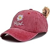 MANMESH HATT Daisy Blessed Ponytail Hats, Embroidered High Messy Bun Baseball Cap for Women