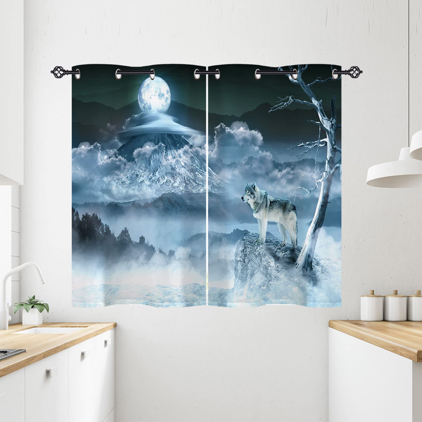 ANHOPE Wolf Curtains Eyelet Soft Thermal Insulated Ring Top 80% Blackout Curtains with Winter Forest Mountain Moon Wolf Print Pattern Window Drapes for Bedroom Living Room 28 x 54 Inch 2 Panels
