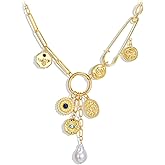 FANZE Vintage Evil Eyes Coin Baroque Pearl Paperclip Chain Pendant Charm Necklaces for Women 14K Gold Plated Trendy Lucky Jewelry Gift for Holiday Valentine Chrismas Halloween Party