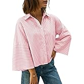 Cicy Bell Womens 3/4 Bell Sleeve Button Down Shirts V Neck Trendy Casual Blouses Loose Fit Work Cotton Tops