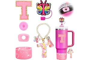 Mity rain 6PCS Cup Accessories Set for Stanley Cup 30oz 40oz, Tumbler Initials Decorations for Stanley, Including Silicone Straw Cover Cap and Boot, Spill Proof Stopper, Handle Charm, Sticker,Letter T