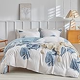 Lekesky Queen Duvet Cover Set, Tropical Blue Palm Pattern Duvet Cover Queen Size, 3 Pieces White Bedding Sets with Zipper, Ultra Soft Microfiber Reversible Floral Queen Size Comforter Cover