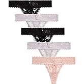 Jessica Simpson Women's Thong Underwear - 5 Pack Microfiber Stretch Lace Panties Soft & Sexy Lingerie for Women