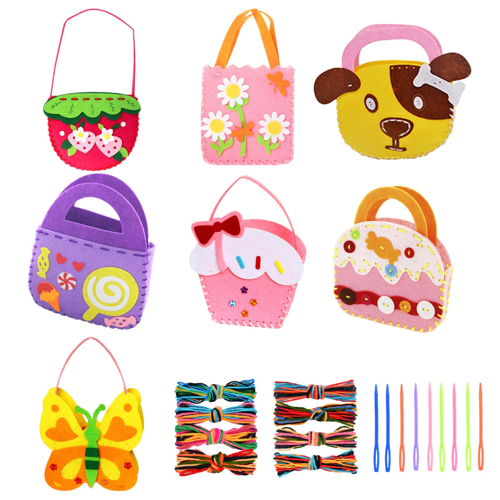 AYNKH 7 PCS Sewing Tools for Girls 5-10 Years Old, Knitting Felt,DIY Handmade Sewing, Three Dimensional Cartoon Tote Bag (Fish + Owl + Strawberry + Cake + Lollipop + Boys and Girls + ice Cream)
