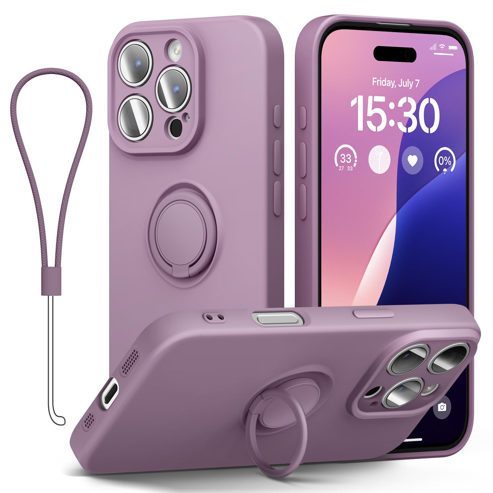 abitku for iPhone 16 Pro Max Case with Ring Stand, Liquid Silicone Slim Design Support Magnetic Car Mount (with Wrist Strap Lanyard) Phone Cover for iPhone 16 Pro Max 6.9 inch (Lilac Purple)