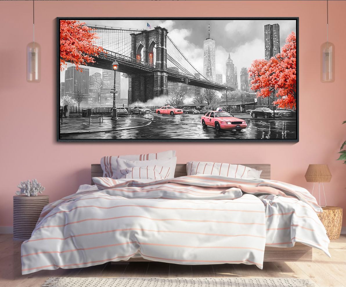 Photo 1 of YCPRIMER Brooklyn Bridge Wall Art for Living Room Black and white Office Decoration Prints Panorama of Buildings and Modern Wall Decor Bedroom Stretched And Framed Ready to Hang Artwork