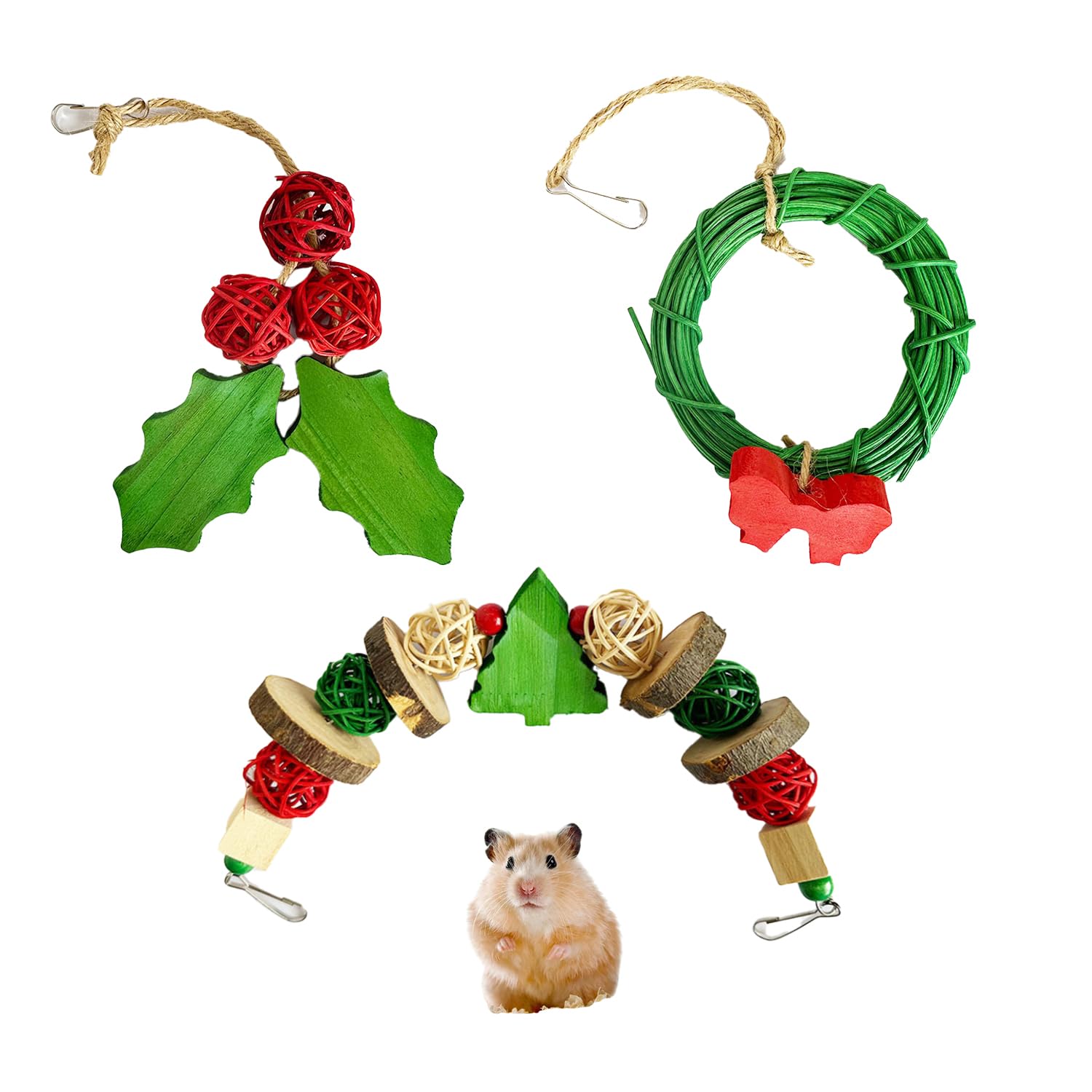 Bohue 3pcs Christmas Guinea Pig Toys Rabbit Hamster Chinchilla Hanging Toys Chews Hanging Wood Toy Christmas Toys for Small Pets
