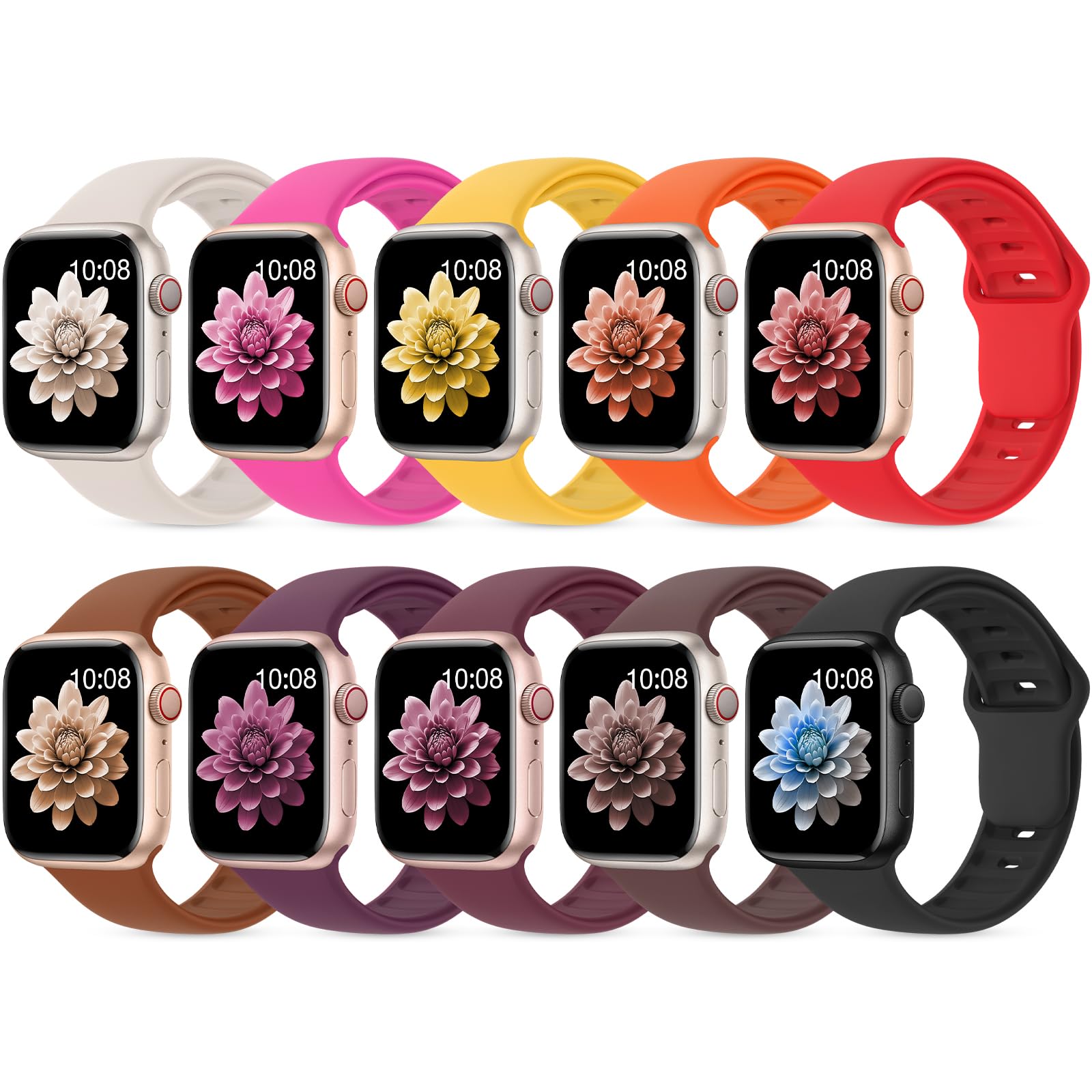 Photo 1 of 10 Pack Silicone Bands Compatible with Apple Watch 38mm 40mm 41mm 42mm 44mm 45mm 46mm 49mm Women Men, Soft Waterproof Replacement Wrist Sport Band for iWatch Series 11 10 9 8 7 6 5 4 3 2 1 SE Ultra