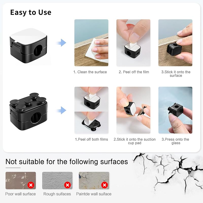 Set di clip per cavi magnetici da 6 pezzi con 6 ventose in silicone per la cable management | Fermacavi Organizzatore di cavi magnetic cable clips per casa, ufficio, scrivania, auto, muro e comodino