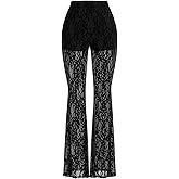GORGLITTER Women's Lace Bell Bottom Pants Mesh Flare Leg High Waisted Sheer Sexy Goth Leggings Trousers