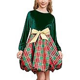 CHILDRENSTAR Girls Christmas Dresses Velvet Long Sleeve Holiday Metallic Plaid Bubble Dress for Kids 3-13Y