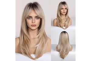 HAIRCUBE Blonde Wigs Long Curly Wigs Shoulder Length Heat Resistant Synthetic Wigs for Women with Bangs