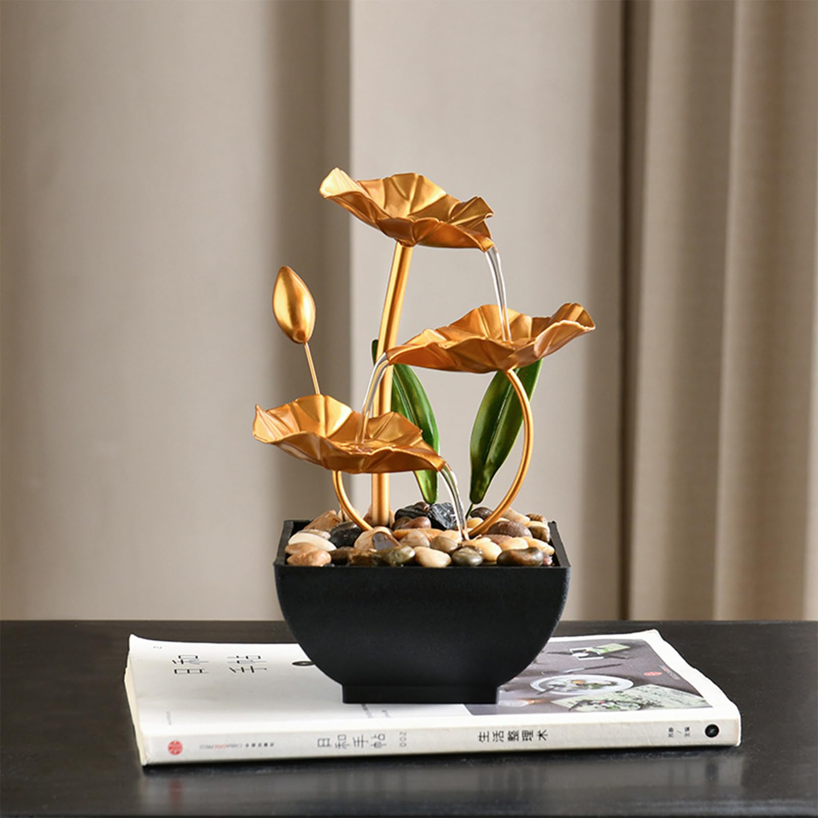 Tuzsocr Indoor Tabletop Fountain,3-Tiers Lotus Leaf Small Waterfall Fountains,Resin Meditation Fountain,Zen Relaxation Fountain,With LED Light And Pebbles,for Home Bedroom Office Yuga Decor (Style 1)