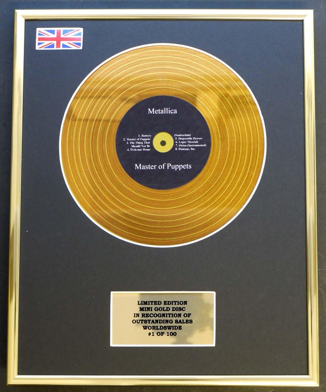 METALLICA/MINI GOLD DISC DISPLAY/LIMITED EDITION/COA/MASTER OF PUPPETS, yellow, 30.5L x 25.4W cm