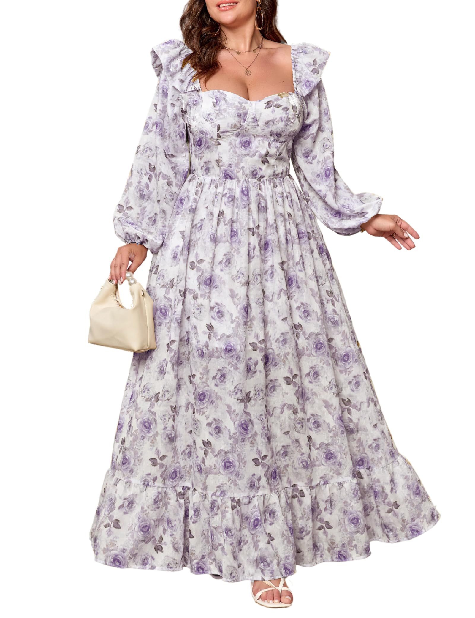 Photo 1 of EYWOL Floral Dress for Women Long Sleeve Corset Summer Wedding Guest Dress Flowy Maxi Boho Dresses for Women Purple  / M