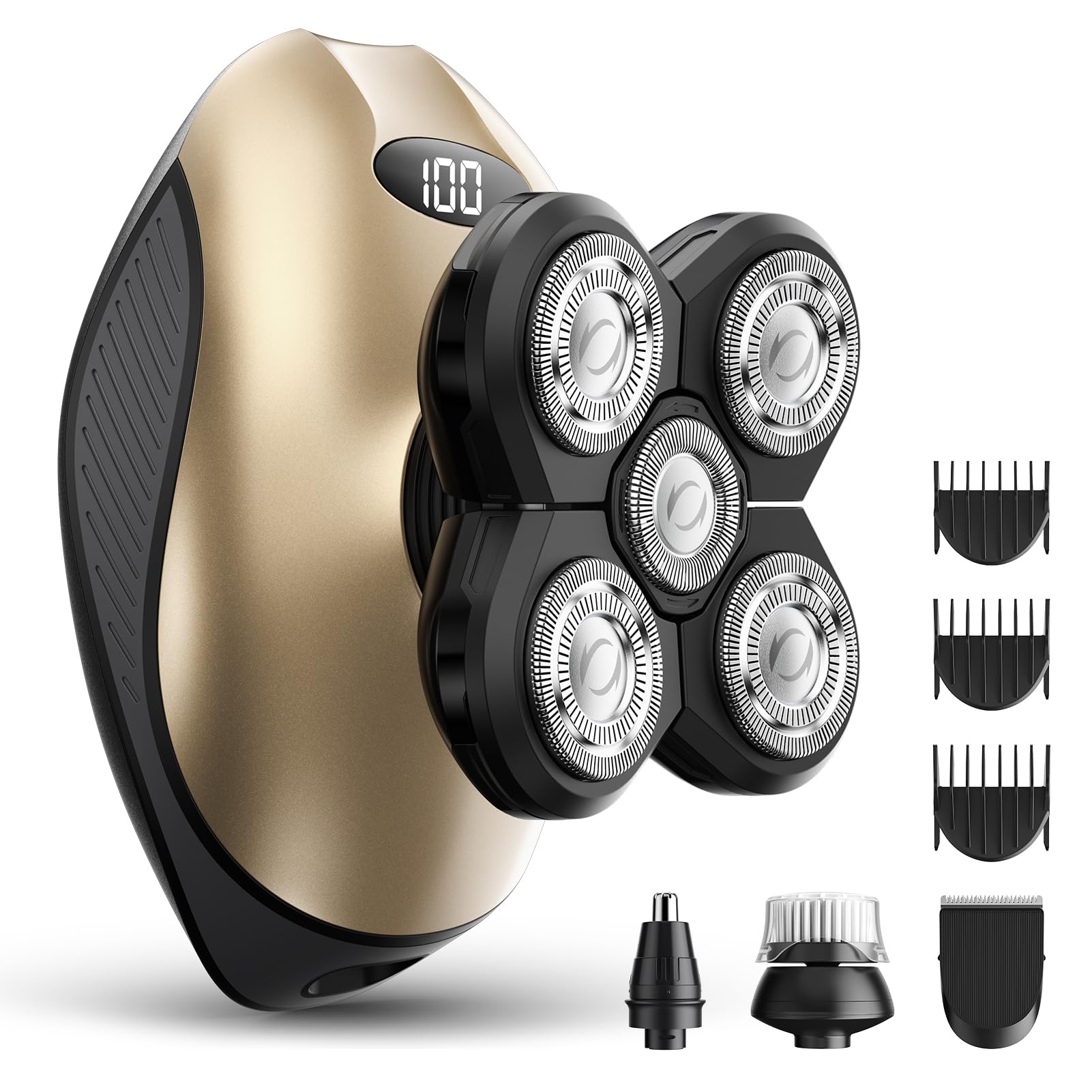 Photo 1 of Electric Razor for Men, Head & Body Hair Shaver for Men, Cordless Rechargeable Wet/Dry Bald Head & Groin Waterproof Razor with Rotary Blades,Clippers, Beard Trimmer,Nose Trimmer, Brush (Golden)