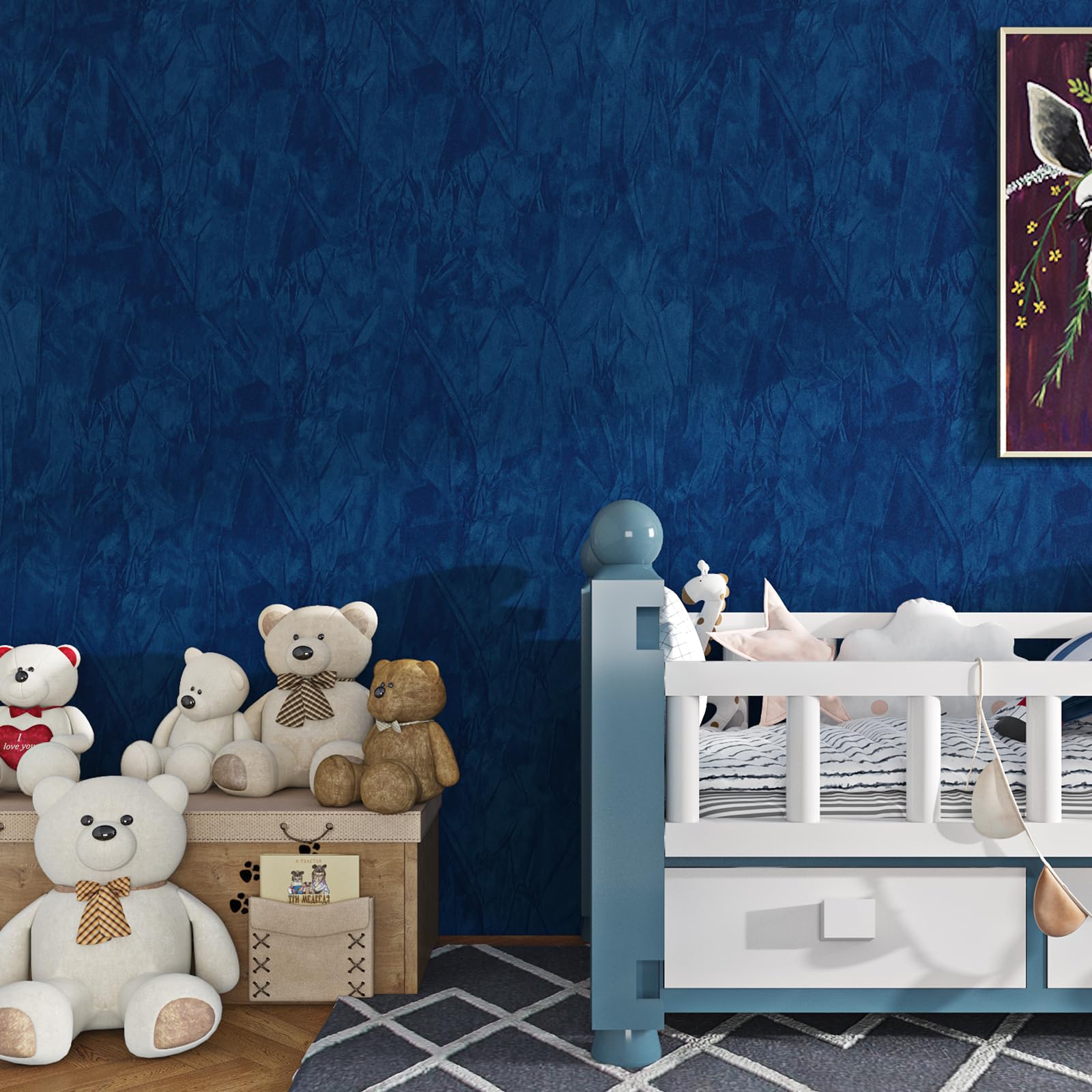 ReWallpaper Blue Velvet Fabric Wallpaper Peel and Stick 44.5cmx7m Plain Blue Wallpaper for Bedroom Velvet Contact Paper for Crafts Furniture Flock Wall Paper Roll Upholstery Felt Flock