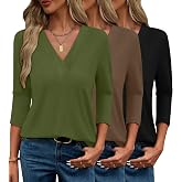 Bliwov 3 Pack 3/4 Sleeve Womens V Neck Tops Casual T Shirts Loose Blouses | Summer Clothes, Fall Layering Basic Tees, School Teacher Outfits, Ladies Trendy Fashion Clothing For Beach,Vacation,Work