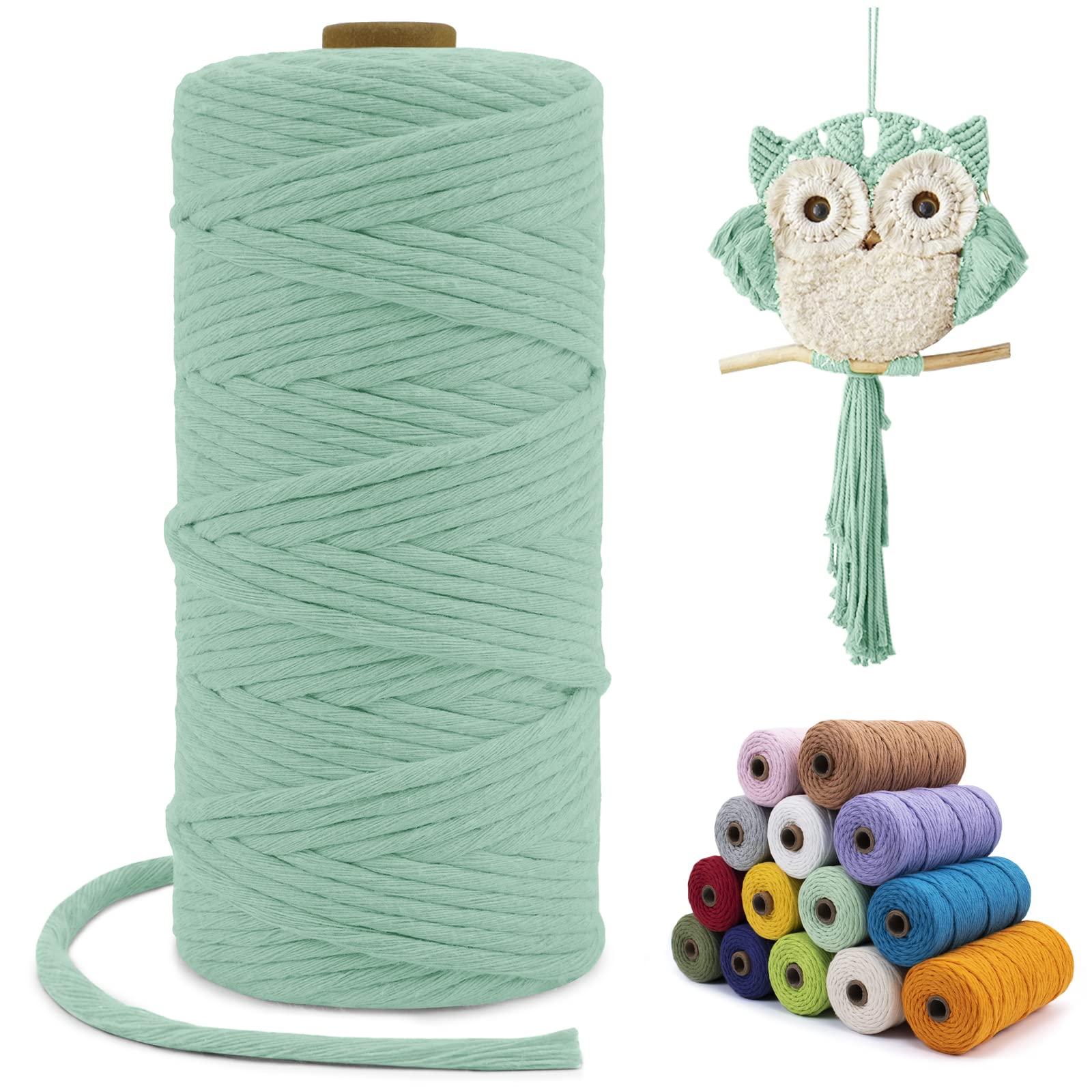 LEREATI Macrame Cord 3mm x 100m, Single Strand Thick Macrame Rope Yarn Natural Cotton Cord, Craft Macrame String for Plant Hanger, Wall Hanging, Knitting, DIY, Home Decorations (Mint Green) — image 1