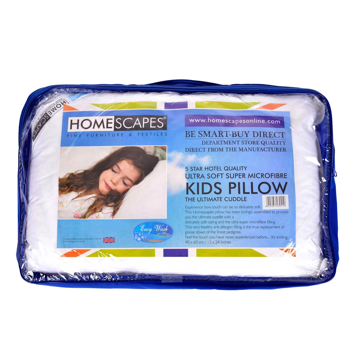HOMESCAPES - Kids Pillow 40 x 60 cm - Super Microfibre Filling - Washable at Home - Anti Allergen