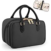Travel Makeup Bag for Women Fashion Large Capacity Pouch Open Flat Cosmetic Portable Organizer Waterproof Large Opening Storage Toiletry Bags Vertical Free-Standing Brush Holder for Easy Access Black