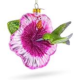 Hummingbird with Pink Hibiscus Glass Christmas Ornament