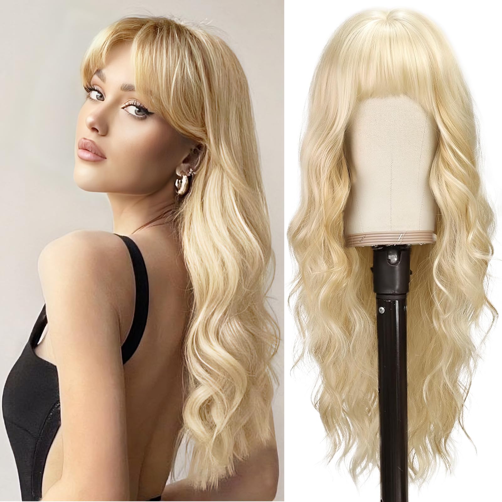 Photo 1 of BARSDAR Long Wavy Blonde Wig With Bangs - 26 Inch Long Wavy Blonde Wig with Bangs for Women - Thick Soft Synthetic Hair Replacement Wigs Natural Looking Daily Cosplay Party Halloween