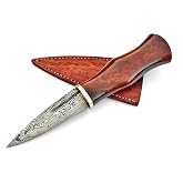 Scottish Dirk SGIAN DUBH Knife Hand Forged Damascus Steel Blade Custom Handmade Rose Wood Handle with Leather Sheath, Brown, Black and Silver