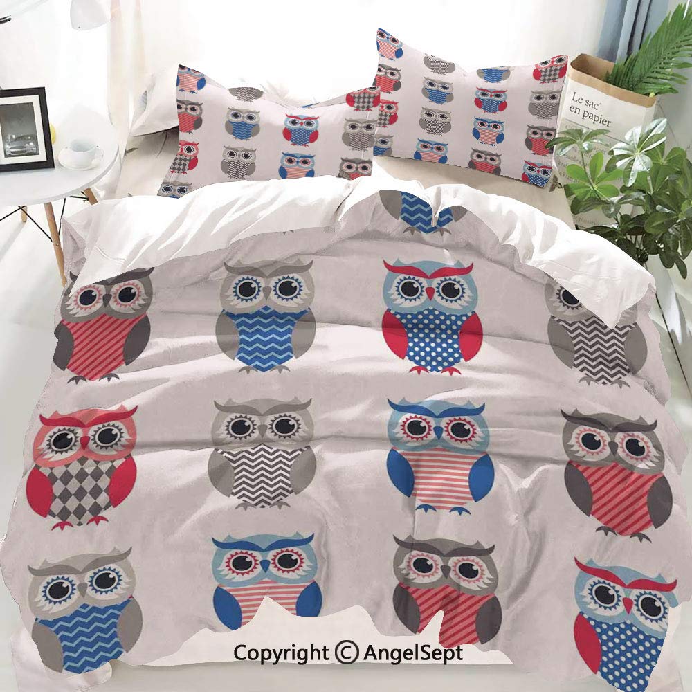 Boys Girls Room Decor Duvet Cover Set Twin Size,Pattern of Owls with Zigzag Polkadots and Chevron Modern,Decorative 3 Piece Bedding Set with 2 Pillow Shams