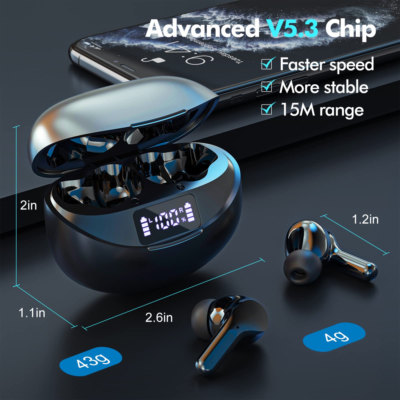 Beniduck Wireless Earbuds Bluetooth 5.3 Headphones HiFi Stereo, Wireless Earphones with Noise Cancelling Mic, 50H Playback Ear Buds with LED Digital Display for iOS/Andriod