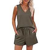 ANRABESS Two Piece Sets for Women 2026 Summer Outfits Short Matching Lounge Set Casual V Neck Beach Vacation Travel Clothes