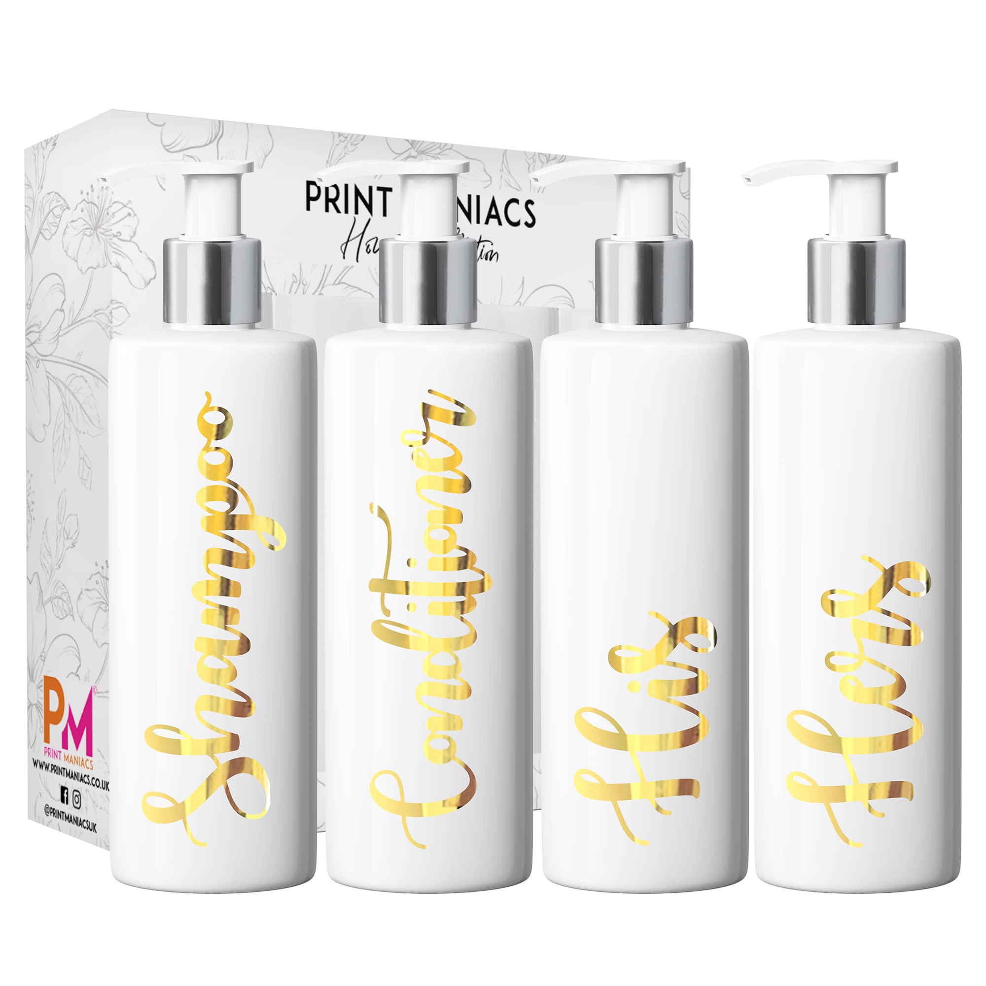 Print Maniacs White Mrs Hinch Inspired Personalised 500ml Pump Bottles Bathroom Lotion Kitchen Set Shampoo Conditioner (Set 4 His Her ) (Gold)