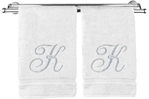 BC BARE COTTON Monogrammed Hand Towel, Personalized Gift, 16 x 30 Inches - Set of 2 - Silver Embroidered Towel - Extra Absorbent 100% Turkish Cotton- Soft Terry Finish - For Bathroom, Kitchen and Spa- Script K White