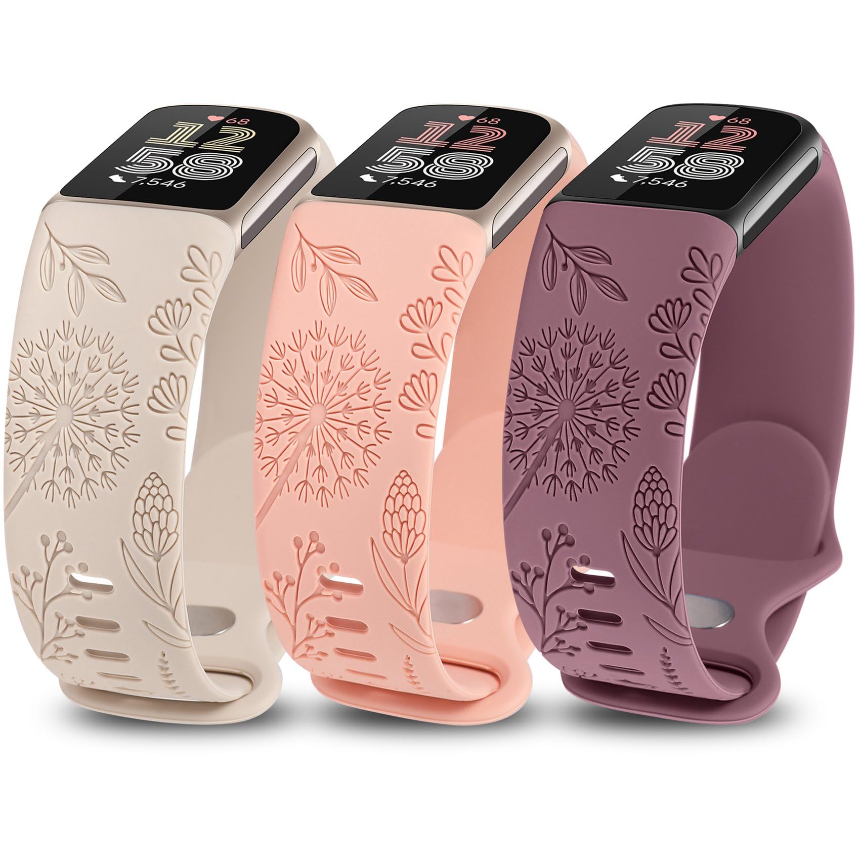 TOYOUTHS 3 Packs Floral Engraved Compatible with Fitbit Charge 5/Charge 6 Strap for Women, Soft Waterproof Silicone Sport Band with Cute Dandelion Flower Pattern, Starlight/Pink/Smoked Violet