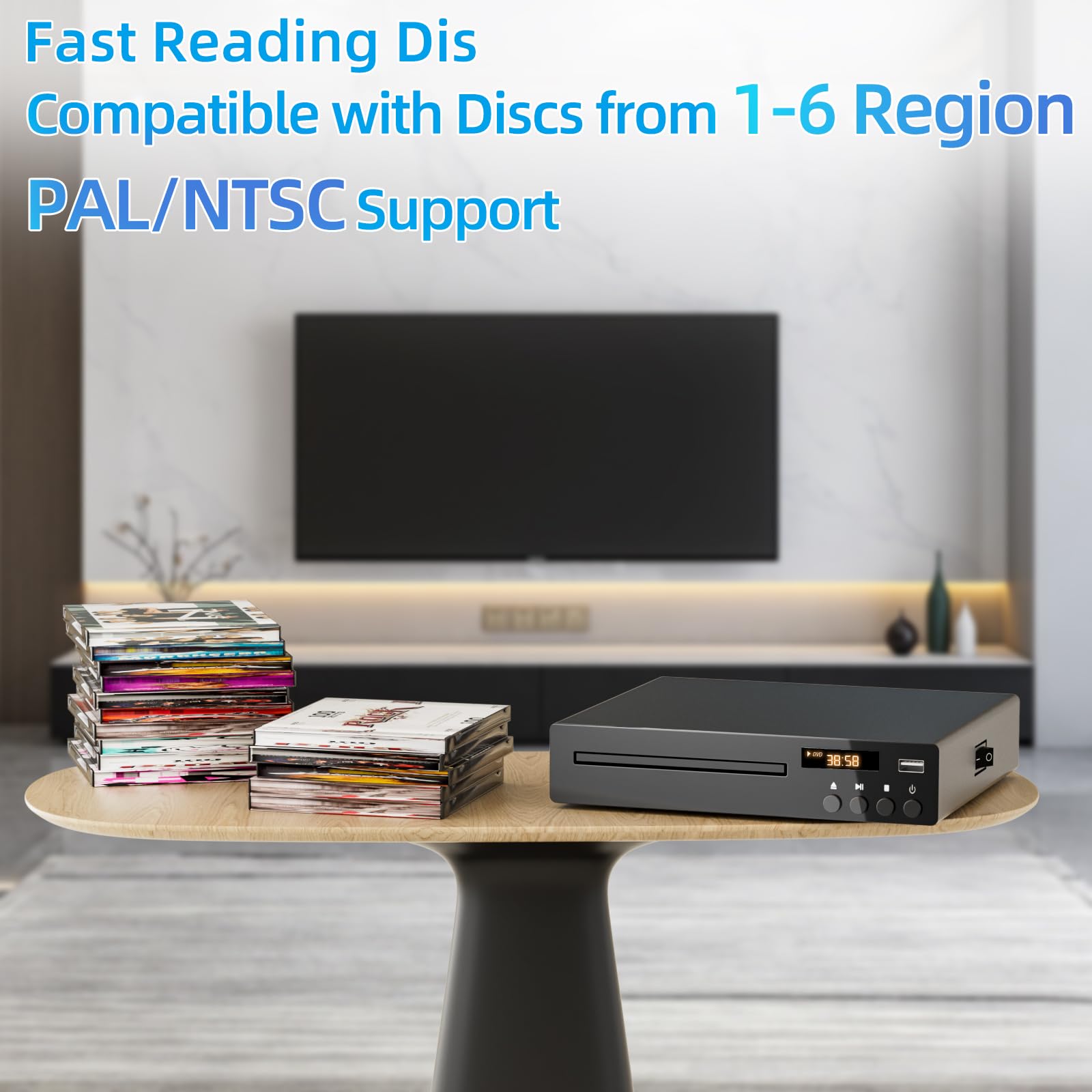 DVD Players for TV with HDMI, All Region Free DVD Player for Smart TV, HDMI and RCA Cables & Remote Included, USB Input, PAL/NTSC, Up-Convert to 1080P