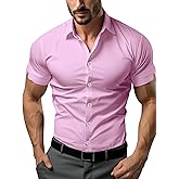 Atforna Men's Muscle Dress Shirts Solid Short Sleeve Dress Shirts Athletic Slim Fit Stretch Business Casual Button Down Shirt