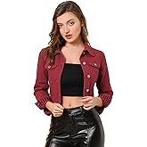 Allegra K Women's Button Down Denim Jacket Check Cuffs Casual Cropped Jean Jackets
