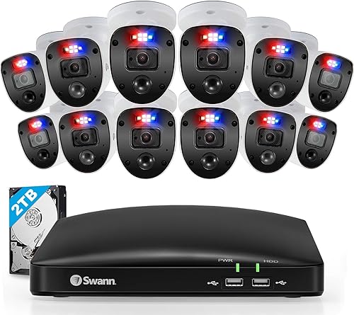 Swann Home DVR Security Cam System with 2TB HDD, 16 Channel 12 Camera,  1080p Video, Indoor or Outdoor Wired Surveillance CCTV, Color Night Vision, 
