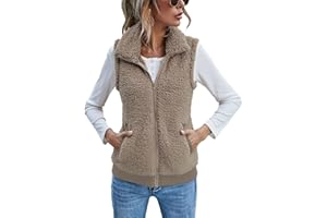 LOMON Womens Fuzzy Fleece Vest, Casual Warm Sleeveless Zip Up Sherpa Vest Jacket with Pockets for Fall/Winter