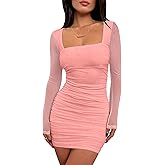 BORIFLORS Women's Sexy Ruched Bodycon Mini Dress Mesh Long Sleeve Club Party Short Dresses