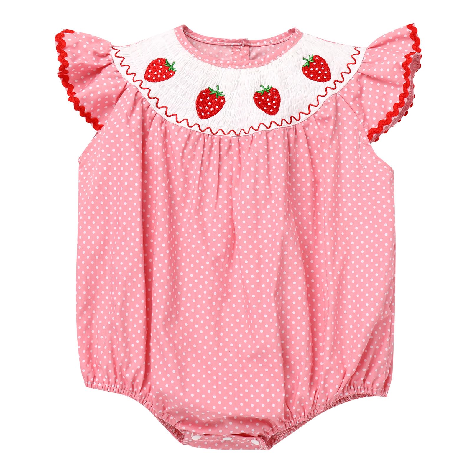Photo 1 of AWIBMK Toddler Baby Girls Strawberry 1st Birthday Outfits Flutter Sleeve Embroidery Ruffle Cake Smash Overalls Onesie Bubble Romper Polka Dot Plaid Love Heart First Birthday Clothes