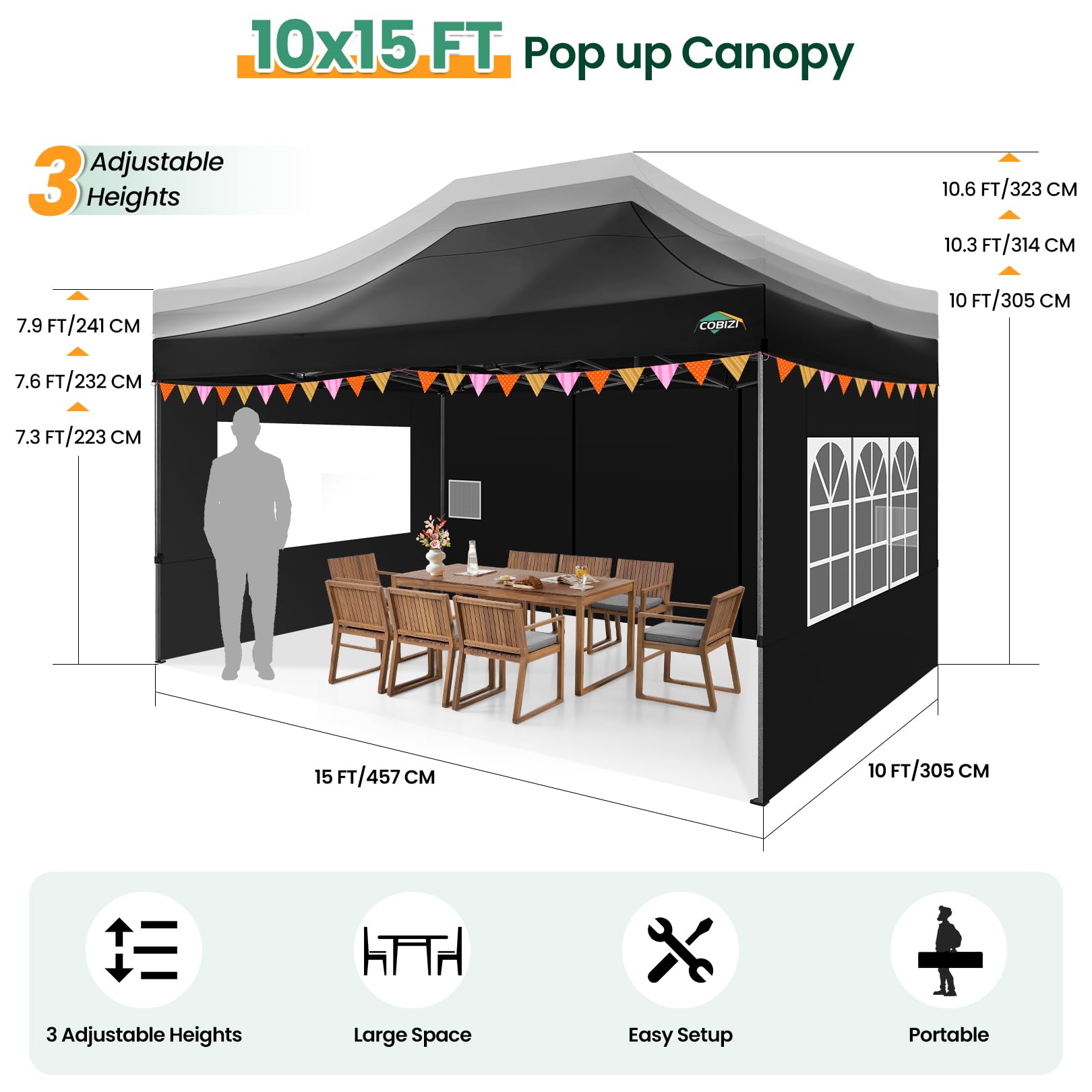 COBIZI Pavillon 3x4,5 wasserdicht stabil Winterfest 3.0, Faltpavillon 3x4,5 Partyzelt, Gartenpavillon UV Schutz mit 4 Seitenteilen Festival Partyzelt Sonnenschutz Pavillon, Schwarz 5